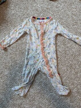 Magnetic Me Pastel Floral Ruffle-Trim One-Piece Footie - Peach Trim